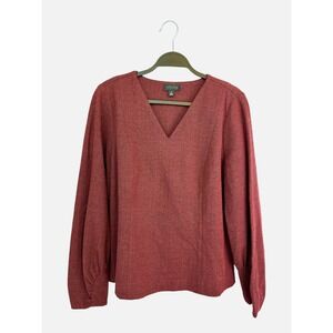 Carlisle Collection Red Herringbone V-Neck Puff Sleeve Top Size 12 Side Zip